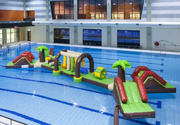 Koop een opblaasbare 16 meter lange Dubbele Hawaii Run XL stormbaan  met verschillende spannende objecten voor zowel jong als oud. Bestel opblaasbare waterattracties nu online bij JB Inflatables Nederland