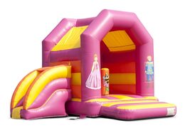Midi overdekt multifun springkussen met glijbaan kopen in een kleuren combinatie van roze geel en oranje en in prinses thema voor kinderen. Bestel springkussens online bij JB Inflatables Nederland