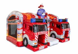 Multiplay XXL Brandweer springkasteel in een uniek design met twee ingangen, een glijbaan in het midden en 3D objecten bestellen voor kinderen. Koop springkastelen online bij JB Inflatables Nederland