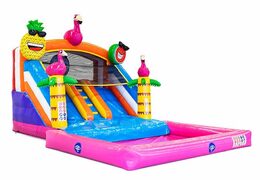 Waterglijbaan springkussen met bovenop een 3D object van een grote flamingo kopen bij JB Inflatables Nederland. Bestel nu springkussens online bij JB Inflatables Nederland 