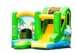 Klein overdekt opblaasbaar multiplay springkussen met glijbaan kopen in thema jungle voor kids. Bestel opblaasbare springkussens online bij JB Inflatables Nederland
