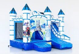 Blauw wit springkussen in thema kasteel kopen voor kinderen. Bestel opblaasbare springkussens online bij JB Inflatables Nederland