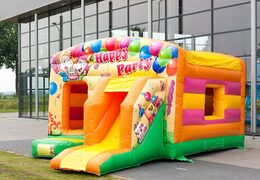 Opblaasbaar overdekt maxi multifun springkussen in party thema met glijbaan bestellen voor kinderen. Koop springkussens online bij JB Inflatables Nederland