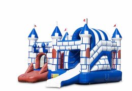 Overdekt opblaasbaar multiplay springkussen met glijbaan kopen in thema blauw wit kasteel voor kinderen. Bestel opblaasbare springkussens online bij JB Inflatables Nederland