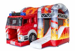 Klein overdekt opblaasbaar multiplay luchtkussen met glijbaan kopen in thema brandweer voor kinderen. Bestel opblaasbare luchtkussens online bij JB Inflatables Nederland