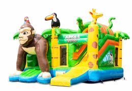 Overdekt opblaasbaar multiplay springkussen met glijbaan kopen in thema safari gorilla voor kinderen. Bestel opblaasbare springkussens online bij JB Inflatables Nederland