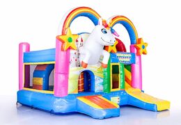 Medium opblaasbare multiplay springkasteel met glijbaan in regenboog unicorn thema bestellen voor kinderen. Bestel opblaasbare springkastelen online at JB Inflatables Nederland