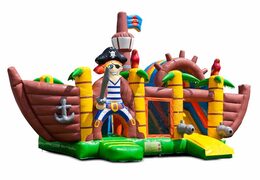 Opblaasbaar overdekt multiplay springkussen met glijbaan kopen in thema piraat piratenschip voor kinderen. Bestel opblaasbare springkussens online bij JB Inflatables Nederland