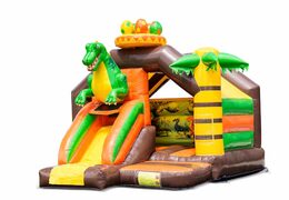 Opblaasbaar slide combo springkussen met groene dinosaurus kopen voor kinderen. Bestel springkussens in dinosaur thema bij JB Inflatables Nederland