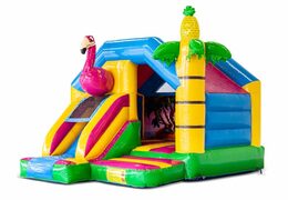 Opblaasbaar slide combo springkussen met roze flamingo kopen voor kinderen. Bestel springkussens in flamingo thema bij JB Inflatables Nederland