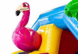 Opblaasbare slide combo springkasteel met glijbaan bestellen voor kinderen. Koop nu springkastelen in flamingo thema bij JB Inflatables Nederland