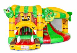 Overdekt opblaasbaar multiplay springkasteel met glijbaan bestellen in jungle thema voor kinderen. Koop opblaasbare springkastelen online bij JB Inflatables Nederland
