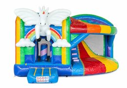 Springkussen in unicorn thema met glijbaan en met binnenin 3D objecten bestellen voor kinderen.  Koop opblaasbare springkussens online bij JB Inflatables Nederland