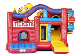 Koop middelmatig opblaasbare multiplay springkussen in rollercoaster thema met glijbaan voor kinderen. Bestel opblaasbare springkussens online bij JB Inflatables Nederland