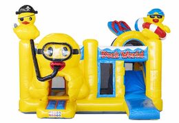 opblaasbaar luchtkussen met glijbaan in het geel met eendjes erop te koop voor kinderen
