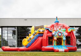 Multiplay super opblaasbaar springkussen met glijbaan in achtbaan thema rood te koop voor kinderen