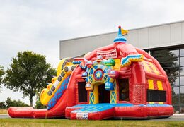Multiplay super opblaasbaar springkussen met glijbaan in achtbaan thema rood kopen voor kinderen