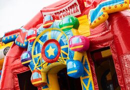 Groot opblaasbaar multiplay luchtkussen in achtbaan thema inclusief glijbaan bestellen voor kinderen