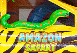 Opblaasbaar luchtkussen met dak en glijbaan in safari thema met 3d dieren erboven op te koop voor kinderen