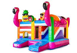 Opblaasbaar open multiplay springkussen met glijbaan kopen in thema flamingo voor kinderen. Bestel opblaasbare springkussens online bij JB Inflatables Nederland