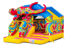 Slide Combo springkasteel met geel blauw roze kleuren en bloemen