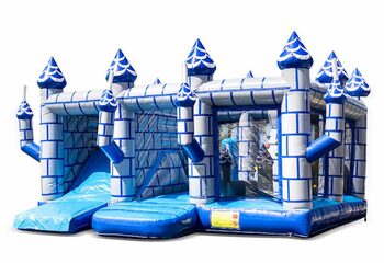 Groot opblaasbaar open blauw wit multiplay springkussen met glijbaan kopen in thema indoor kasteel voor kinderen. Bestel springkussens online bij JB Inflatables Nederland