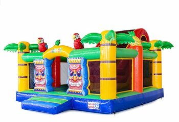 Groot opblaasbaar open multiplay springkussen met glijbaan kopen in thema hawaii voor kinderen. Bestel springkussens online bij JB Inflatables Nederland