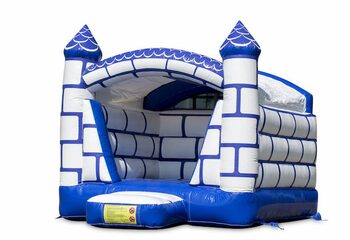Mini overdekt springkussen in kasteel thema in een kleuren combinatie van blauw en wit te koop. Koop springkussens online bij JB Inflatables Nederland