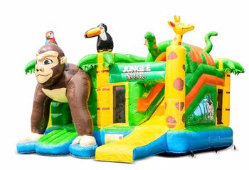 Overdekt opblaasbaar multiplay springkussen met glijbaan kopen in thema safari gorilla voor kinderen. Bestel opblaasbare springkussens online bij JB Inflatables Nederland