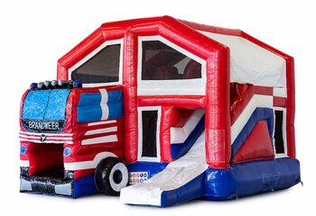 Opblaasbaar overdekt multiplay springkasteel met glijbaan kopen in thema brandweer voor kinderen. Bestel opblaasbare springkussens online bij JB Inflatables Nederland