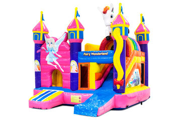 Opblaasbaar springkussen met glijbaan in fairy wonderland thema kopen voor kinderen. Bestel opblaasbare springkussens online at JB Inflatables Nederland 
