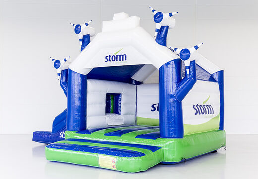 Opblaasbare Storm - Multifun Windmolen springkussen met glijbaan in huisstijl kleuren en logo van de klant bestellen bij JB Inflatables Nederland. Vraag nu gratis ontwerp aan voor opblaasbare luchtkussens in uw huisstijl
