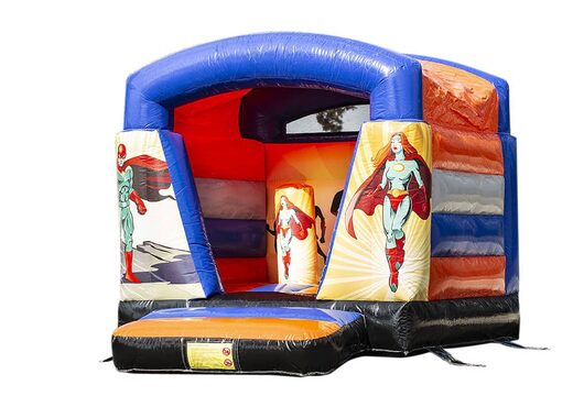 Klein overdekt springkussen te koop in thema superhelden voor kinderen. Koop springkussens online bij JB Inflatables Nederland