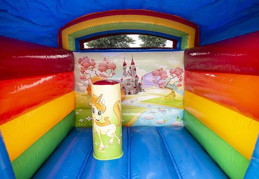 Klein opblaasbaar springkasteel voor commercieel gebruik in unicorn thema te koop voor kinderen. Bestel springkastelen online bij JB Inflatables Nederland