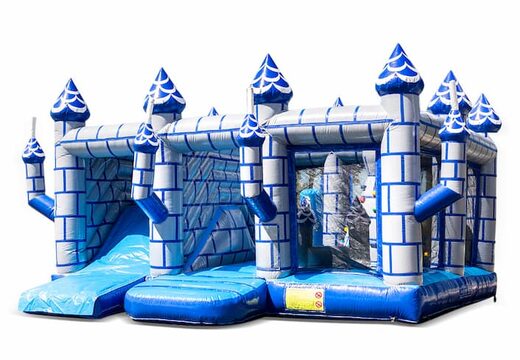 Groot opblaasbaar open blauw wit multiplay springkussen met glijbaan kopen in thema indoor kasteel voor kinderen. Bestel springkussens online bij JB Inflatables Nederland