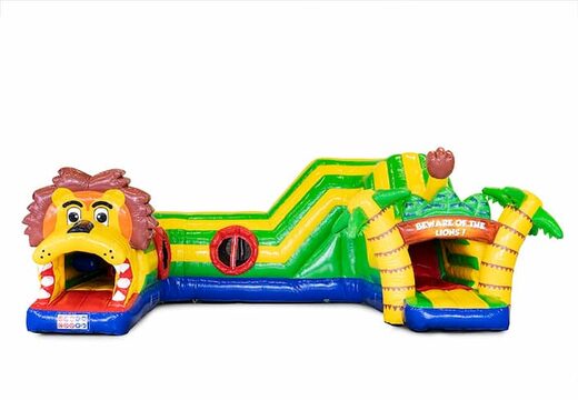 Kruiptunnel leeuw springkussen met obstakals, een klimhelling en glijhelling voor kids bestellen. Koop springkussens online bij JB Inflatables Nederland