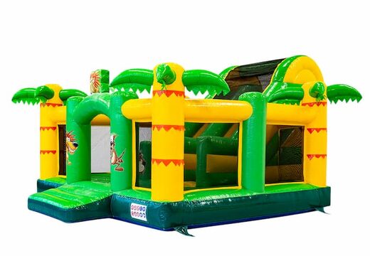 Groot opblaasbaar open multiplay slidebox springkussen met glijbaan kopen in thema jungle voor kinderen. Bestel springkussens online bij JB Inflatables Nederland