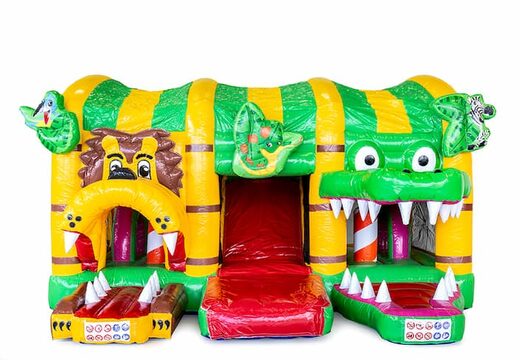 Multiplay XXL Jungleworld springkasteel in een uniek design met twee ingangen, een glijbaan in het midden en 3D objecten bestellen voor kids. Koop springkastelen online bij JB Inflatables Nederland