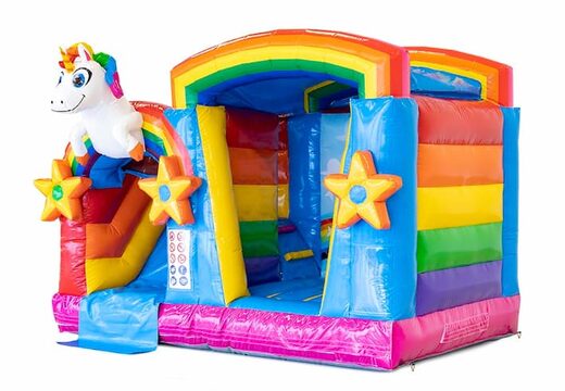 Overdekt opblaasbaar multiplay springkussen kopen in thema unicorn voor kinderen bestellen bij JB Inflatables Nederland. Koop springkussen online bij JB Inflatables Nederland