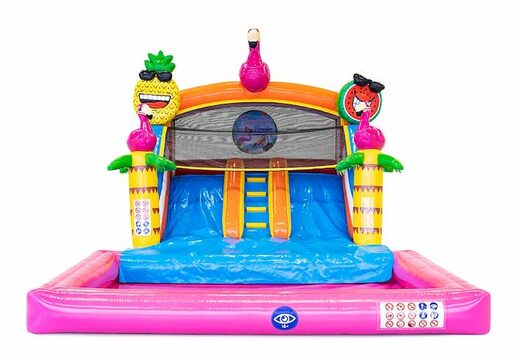 Springkasteel met waterglijbaan kopen voor in tuin in thema flamingo voor kinderen. Bestel springkastelen online bij JB Inflatables Nederland