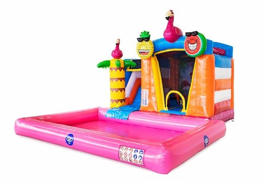 Koop opblaasbaar mini splash bounce springkussen in flamingo thema met of zonder bad . Bestel springkussens online bij JB Inflatables Nederland 