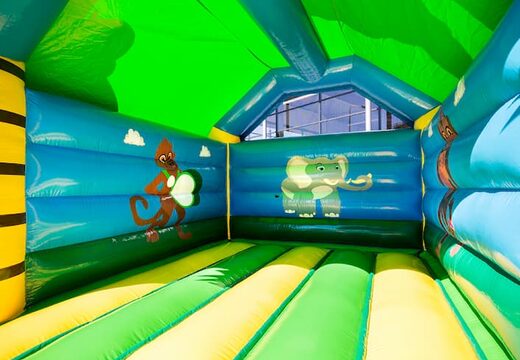 Standaard jungle springkussen kopen in opvallende kleuren met bovenop een groot 3D gorilla object voor kinderen. Koop springkussens online bij JB Inflatables Nederland