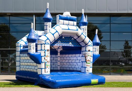 Koop standaard blauw kasteel springkussen met een ridder thema voor kinderen. Bestel springkussens online bij JB Inflatables Nederland