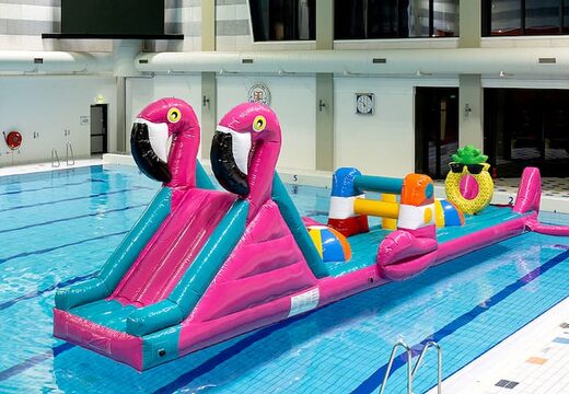 Opblaasbare waterstormbaan huren in flamingo thema voor kinderen
