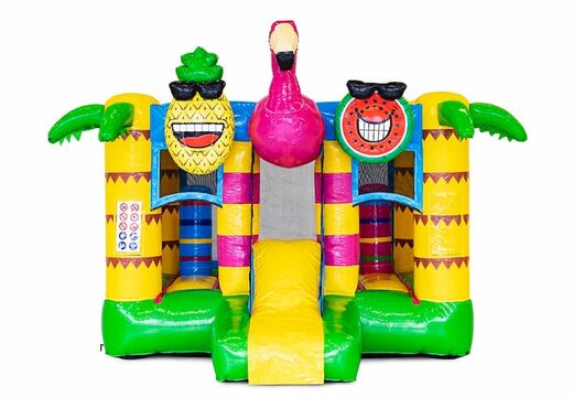Mini opblaasbare multiplay springkasteel met glijbaan te koop voor kinderen in flamingo thema. Koop opblaasbare springkastelen online bij JB Inflatables Nederland