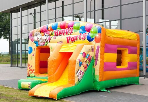Opblaasbaar overdekt maxi multifun springkussen in party thema met glijbaan bestellen voor kinderen. Koop springkussens online bij JB Inflatables Nederland