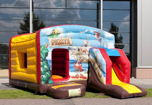 Overdekt maxi multifun springkussen in thema piraat met een glijbaan bestellen voor kinderen. Koop springkussens online bij JB Inflatables Nederland