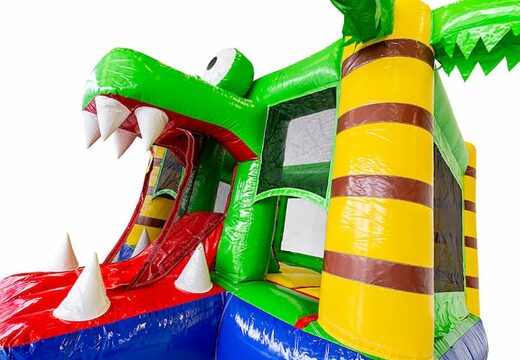 Koop opblaasbaar multiplay mini springkussen met glijbaan in thema krokodil voor kinderen. Bestel springkussens online bij JB Inflatables Nederland