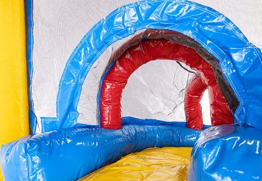 Koop mini opblaasbare multiplay springkussen in feest thema met glijbaan voor kinderen. Bestel opblaasbare springkussens online bij JB Inflatables Nederland