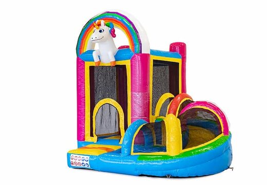 Klein overdekt opblaasbaar multiplay springkussen met glijbaan kopen in thema unicorn voor kinderen. Bestel opblaasbare springkastelen online bij JB Inflatables Nederland